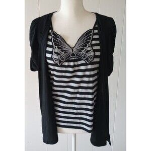 Y2K Layered Shirt Medium Black Butterfly Stripe Whimsigoth Fairy Grunge Attached